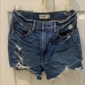 Abercrombie & Fitch Distressed Dark Blue Shorts - 4” Mom Short High-Rise